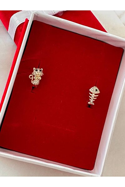 Esmeray Aksesuar Vip Çelik Gold Renk Zirkon Taşlı Kedi ve Balık Kılçık Tasarım Antialerjik Çocuk Oval Halka Gen. 1 cm