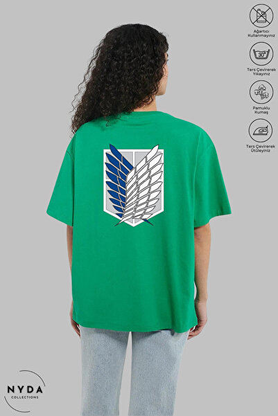 Nyda Collections تي شيرت قطني كبير الحجم مطبوع عليه طاقم الرقبة Attack on Tit...