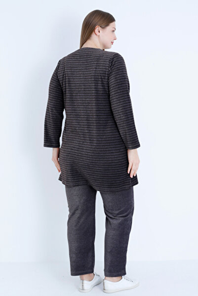 İntensive Women's Brown Line Print Long Sleeve Ribbed Zippered Plus Size Cotton Velvet Bottom Top Suit