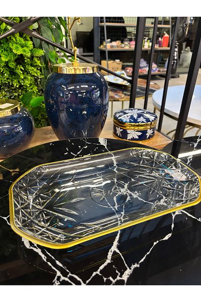 ARS HOME DEKOR Pasabahce Timeless Gold Gilded Decorative Presentation Tray, Boat Plate, Gilded Borcam, Stylish Plate