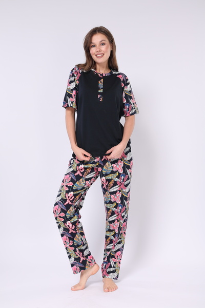 Mio Vero Navy Blue Shawl Print 100% Cotton Button-Down Collar Short Sleeve Women's Pajamas Set