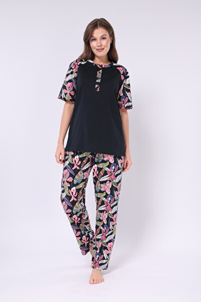 Mio Vero Navy Blue Shawl Print 100% Cotton Button-Down Collar Short Sleeve Women's Pajamas Set