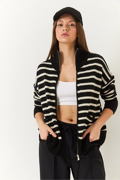 Bianco Lucci Women's Striped Zippered Knitwear Cardigan 20246314