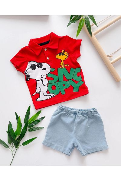 hümabebe Summer 2-Piece Set with Cool Snoopy Snap-Collar T-Shirt Knitted Jeans Shorts