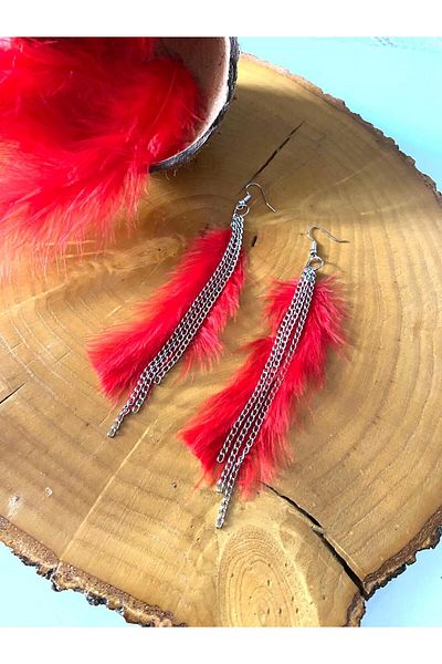 canan dizayn Red Bohemian Feather Chain Earrings