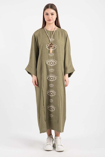 Hatun Atila Rochie de damă oversize de culoare kaki 5145 - croială lungă brodata cu ochi