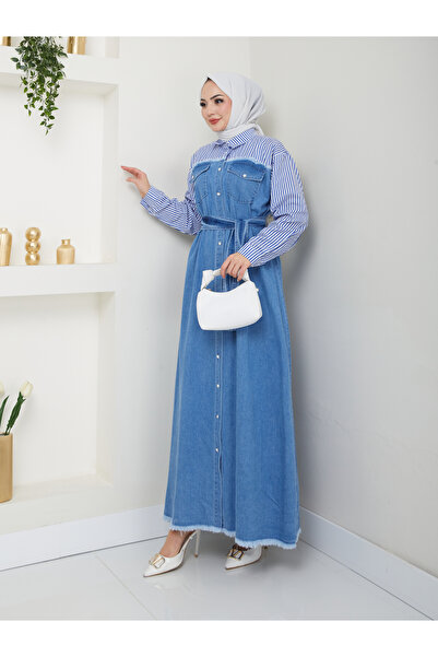 MY QILAM Fashion Women's Denim Dress - Size 10, Shirt Detail, Light Color 10Nmr2001