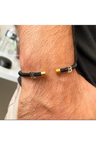 simurg jewellery Siyah Çelik Gümüş Harfli Üzeri Altın Kaplamalı Bileklik