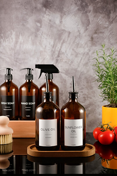 TheBRo 500ML Amber Renkli Ahşap Stantlı White Serisi Zeytinyağı Şişesi Ayçiçe...