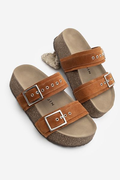 Marjin Tan Suede Women's Slippers - Genuine Leather, Double Strap and Cork Sole