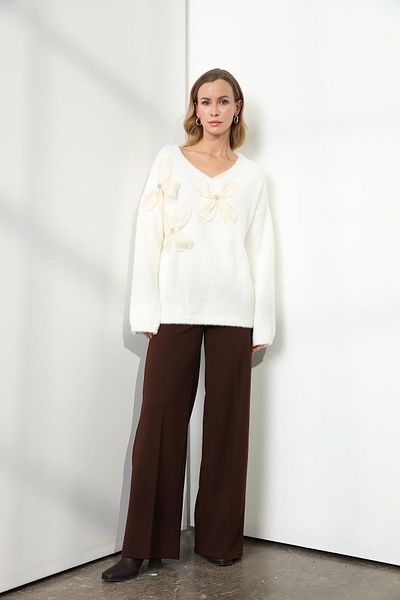 Qutu Butik 7657 PULOVER SCURT ANGORA PERLE ȘI MARGARETE