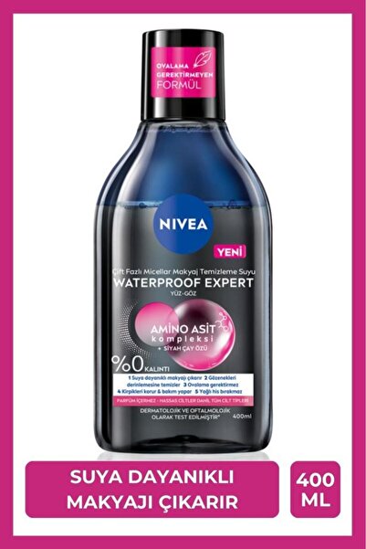 NIVEA Çift Fazlı Micellar Waterproof Expert Makyaj Temizleme Suyu 400ml, Yüz ve Göz, Ovalama Gerektirmez