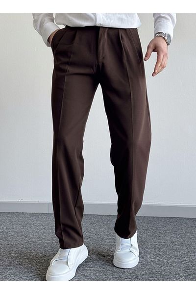 MerStore Men's Pleated Baggy Fabric Trousers with Elastic Waist