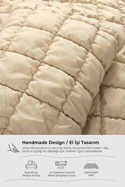 Evlen Home Collection Puff Bed Cover Set Double Handcrafted Cotton Comforter 3 Pieces Sleeping Set 240X250Cm Light Beige