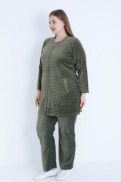 İntensive Women's Khaki Line Print Long Sleeve Ribbed Zippered Plus Size Cotton Velvet Bottom Top Suit