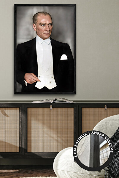 Evinemoda Mustafa Kemal Atatürk Tek Parça Siyah Çerçeveli Kanvas - Canvas Tablo