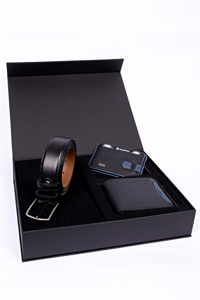 CENGİZ PAKEL Cengiz Pakel %100 Hakiki Deri 3'lü Cüzdan-Kartlık-Kumaş Kemer Seti