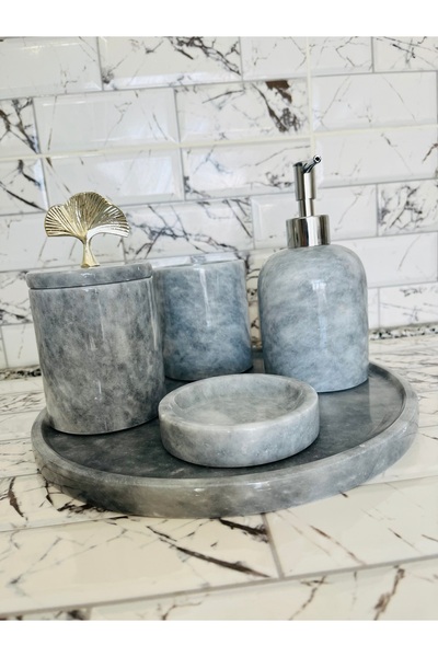 SAMTAŞ Γκρι Μαρμάρινο Σετ Μπάνιου 5 τεμαχίων με Ασημένια Αξεσουάρ