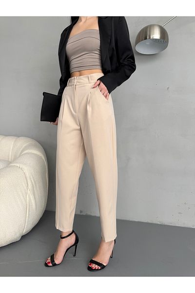 alanora Women's High Waist Carrot Cut Collet Fabric Pants