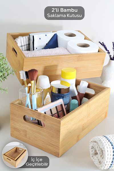 Meleni Home Cutie organizatoare multifuncțională din bambus din 2 bucăți - Organizator de bucătărie pentru blat, baie, cutie decorativă de depozitare