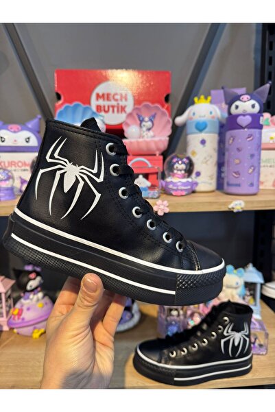 MECH BUTİK Örümcek Baskılı Deri Yüksek Şeffaf Taban Bilekli Spor Ayakkabı Sneaker