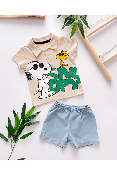 hümabebe Havalı snoopy çıtçıt yakalı tshırt örme kot şortlu yazlık 2li takım