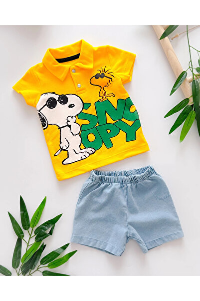 Havalı snoopy çıtçıt yakalı tshırt örme kot şortlu yazlık 2li takım
