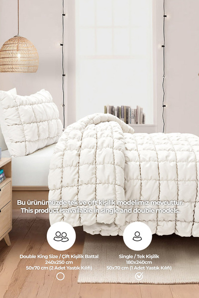 Evlen Home Collection Puff Yatak Örtüsü Seti Tek Kişilik El Işi Pamuklu Yorgan Uyku Takımı 2 Parça Krem Kırık Beyaz