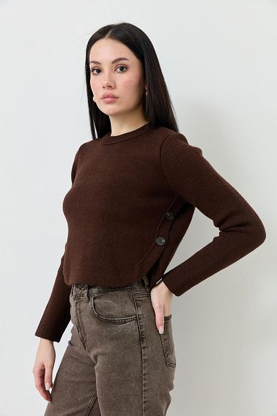 Qutu Butik 10702 ПЛЕТЕЕН ПУЛОВЕР С ОБЛА ЯКЛА И КОПЧЕТА ОТСТРАНИ