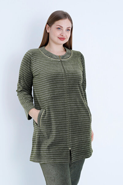 İntensive Women's Khaki Line Print Long Sleeve Ribbed Zippered Plus Size Cotton Velvet Bottom Top Suit