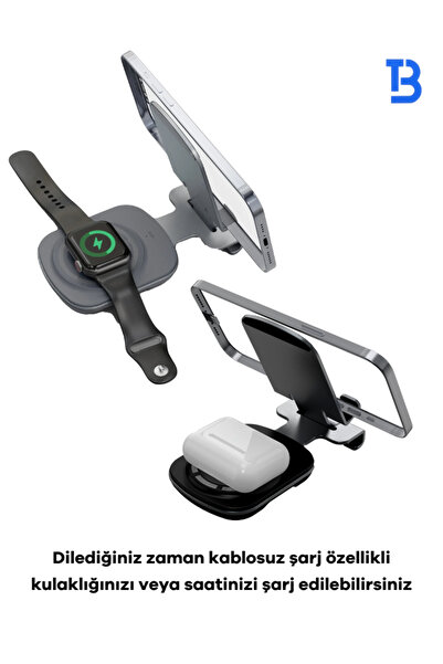 Tech&bello accessories 15W Metal Masaüstü Hızlı Magsafe Kablosuz Şarj Ve Telefon Tutucu Standı 2'si 1 arada