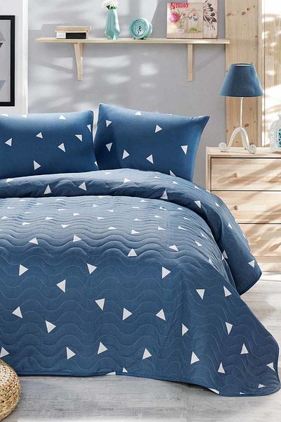 Eponj Home Set cuvertură de pat matlasată de o persoană Triunghi Negru.CloudBlue
