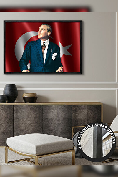 Evinemoda Mustafa Kemal Atatürk Türk Bayrağı Tek Parça Siyah Çerçeveli Kanvas...