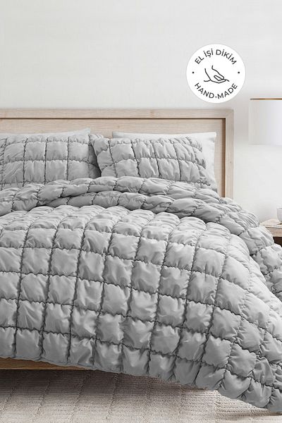 Evlen Home Collection Single Cotton Puff Bed Set - Luxury Gray 2-Piece Filled Sleeping Set