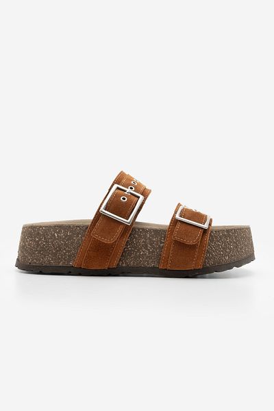 Marjin Tan Suede Women's Slippers - Genuine Leather, Double Strap and Cork Sole