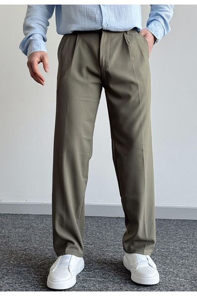 MerStore Men's Pleated Baggy Fabric Trousers with Elastic Waist