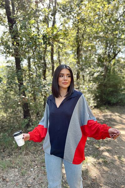 NEW LAVİVA Women's Navy Blue Polo Collar, Bat Sleeve, Elastic Cuff, Asymmetric Color Block, Loose Sweatshirt Blouse
