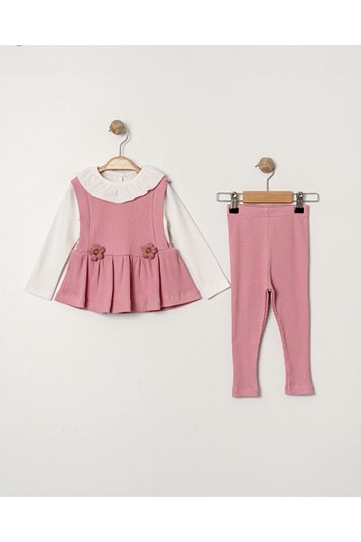Eray Kids Ruffled Collar Floral Detailed Ribbed Seasonal Baby Girl Bottom Top Set