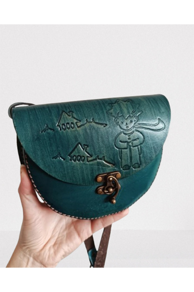 Namaste Vintage Küçük Prens oymalı turkuaz renk hakiki deri küçük boy çanta (...
