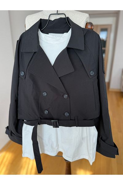 Natavanbutık Black Color Belted Oversize Short Trench Coat