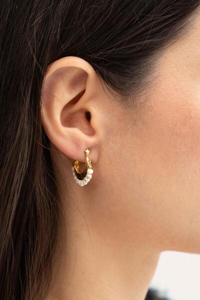 Sümer Telkari İncili Altın Yaldızlı Gümüş Yarım Halka Küpe 5568