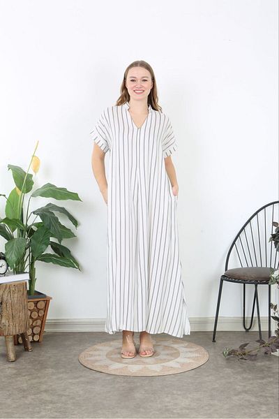 Şans White Viscose V-Neck - Front Pleated Side Slit Striped Long Dress (Plus Size) 65N38739