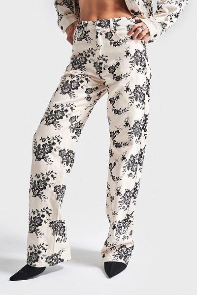 its basic Γυναικείο Raw Color 7S5-69 Μαύρο λουλούδι κεντημένο Loose Fit Design Τζιν Τζιν