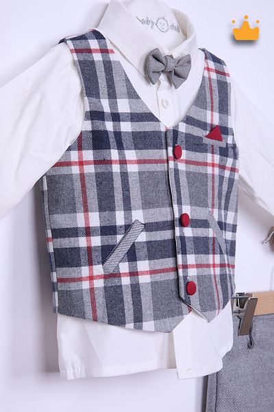 Babydola Plaid Pattern Vest Shirt Pants Bow Tie 3-Piece Suit Navy Blue 15312