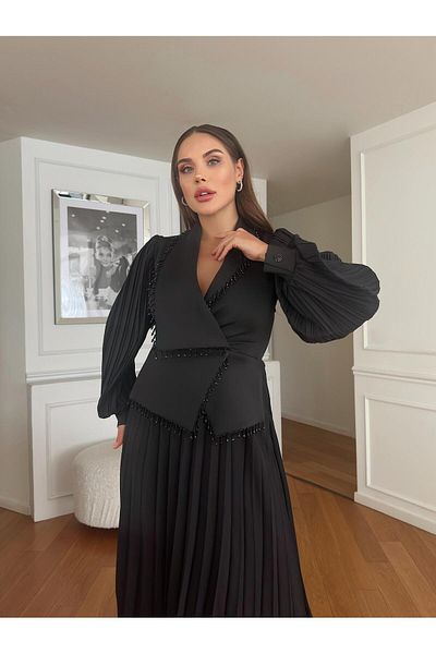 1Moda1Tarz Γυναικείο εισαγόμενο ύφασμα με πλισέ πέτρα με κεντημένο μανίκι με λεπτομέρεια ειδικής σχεδίασης μάξι φόρεμα με επένδυση
