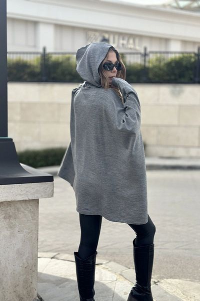 NEW LAVİVA Women's Gray Hooded, Asymmetric Cut, Acrylic Fabric, Loose-Oversize Poncho Sweater