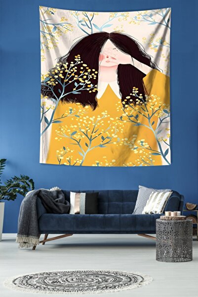 farbala Single Eye Covering Girl Spring Theme Mimosa Flower Stain Resistant Fabric Wall Cover Wall Tapestry Tapestry