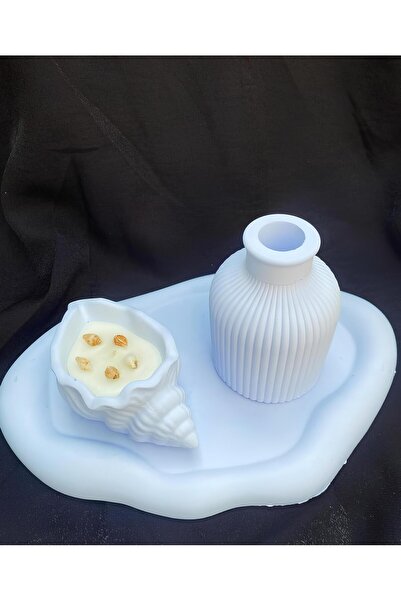 AKAS HOME Dekoratif 3'lü Set Beton Tepsi + Vazo + İstiridye Mumluk