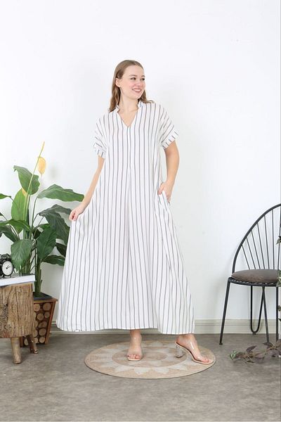 Şans White Viscose V-Neck - Front Pleated Side Slit Striped Long Dress (Plus Size) 65N38739