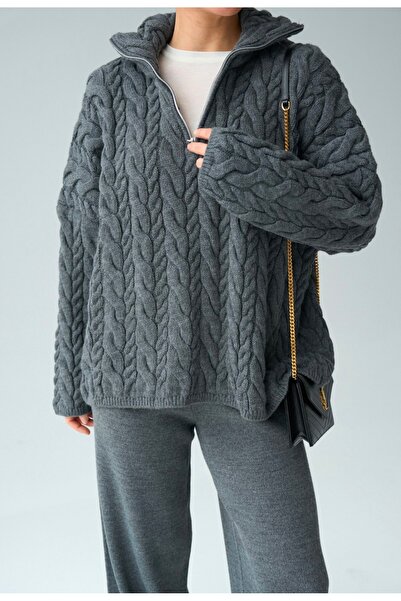 Qu Style Kamyoner Yaka Saç Örgüsü Bordo Kazak